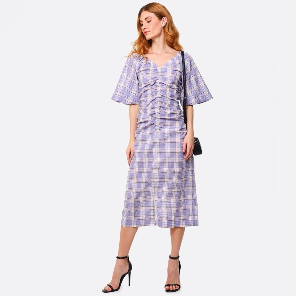GANNI | Seersucker Plaid Midi Dress In Check Persian Violet Size 34
